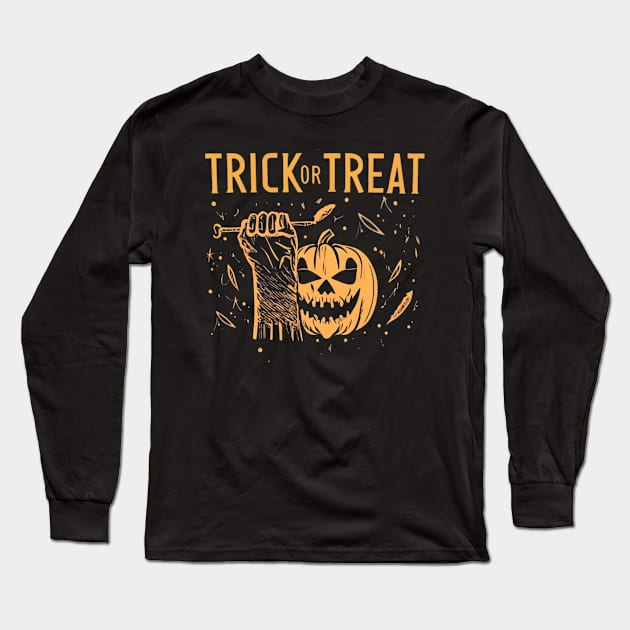 Trick or Treat Halloween Scary Pumpkin Long Sleeve T-Shirt by Afternoon Leisure